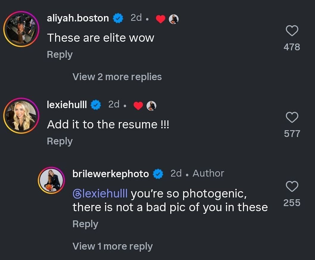 Aliyah Boston and Lexie Hull also commented on the post.